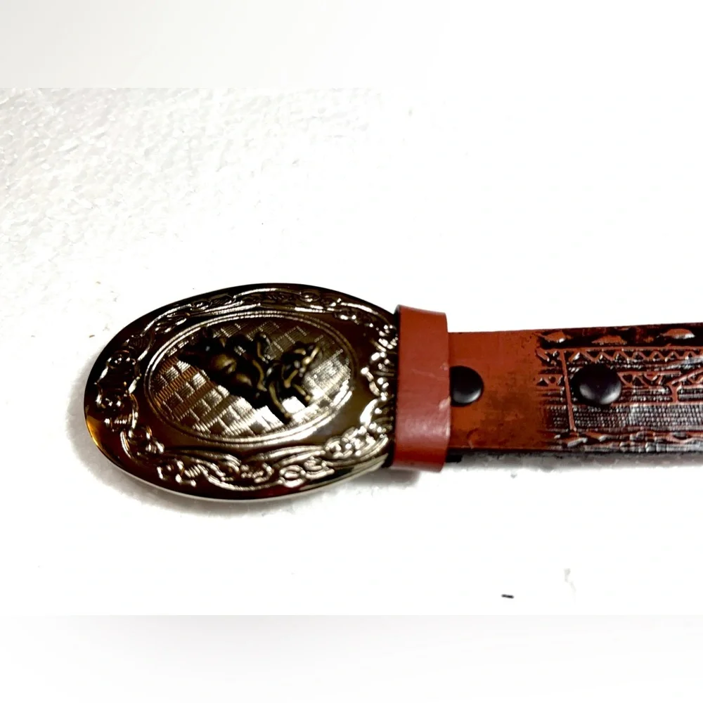 Western Men's Brown Leather Belt with Ornate Silver Buckle Embellished